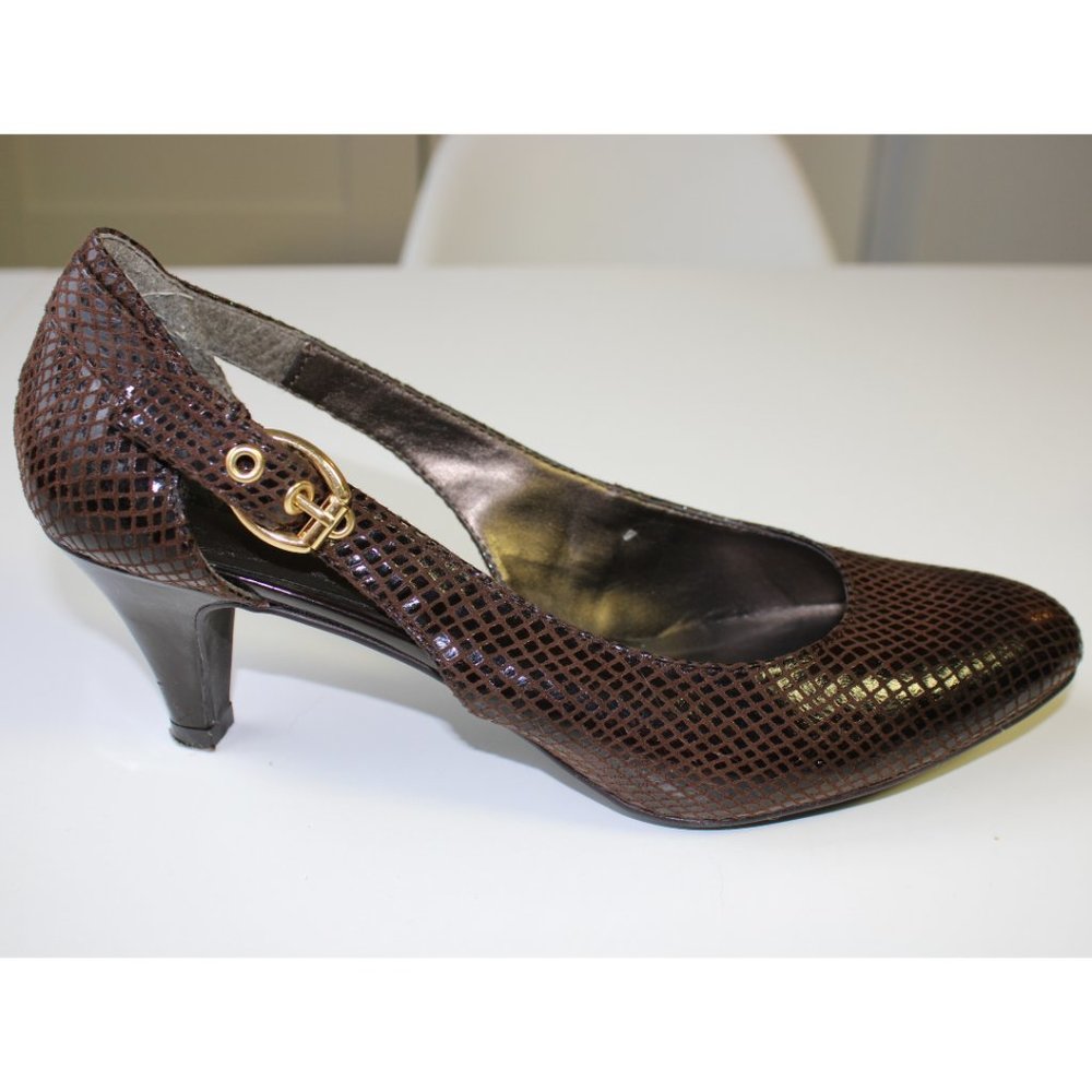 Vintage Brown Snakeskin Kitten Heel Gold Buckle